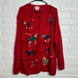 Vintage Susan Bristol 1995 Dogs on Leashes w Bells Red Button Front Cardigan XL